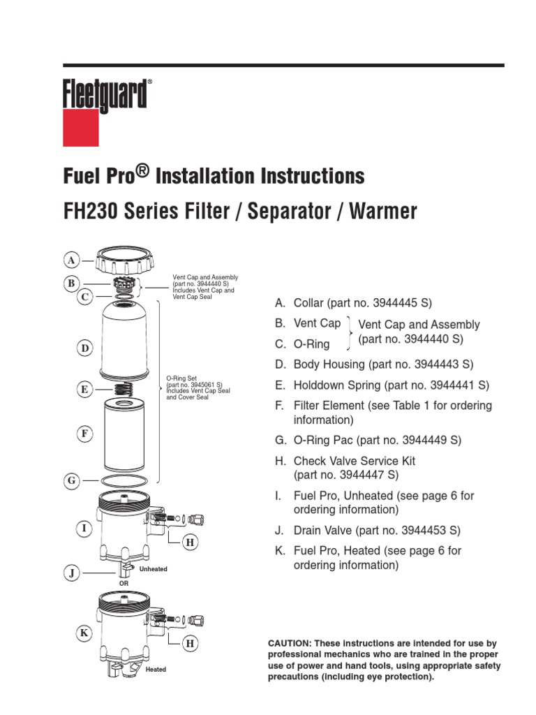 Fuel Pro Fleetguard fh230 Installation en PDF Engines Valve