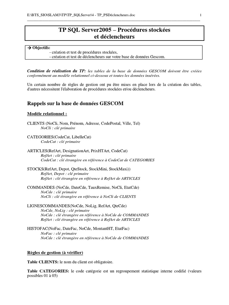 TP SQL Server : Procédures et Déclencheurs | PDF | Inventaire | Bases ...