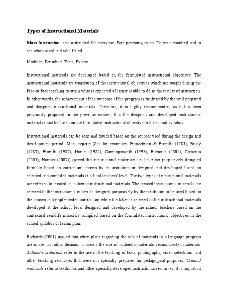 An InDepth Review of the Different Types of Instructional Materials Used at Various Educational