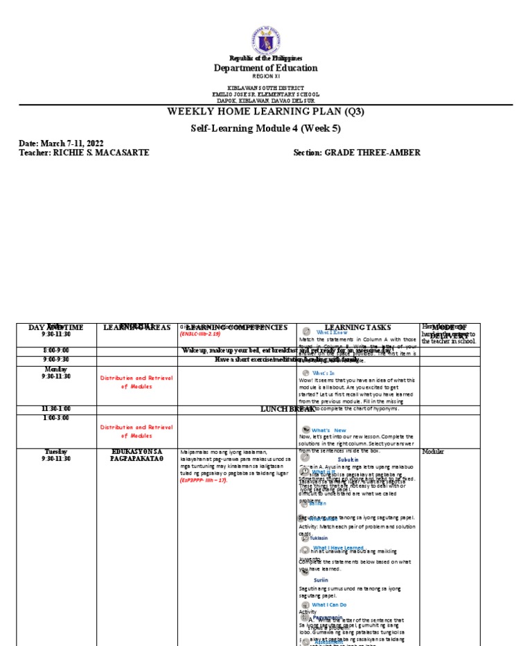 Weekly Home Learning Plan (Q3) Self-Learning Module 4 (Week 5) | PDF ...
