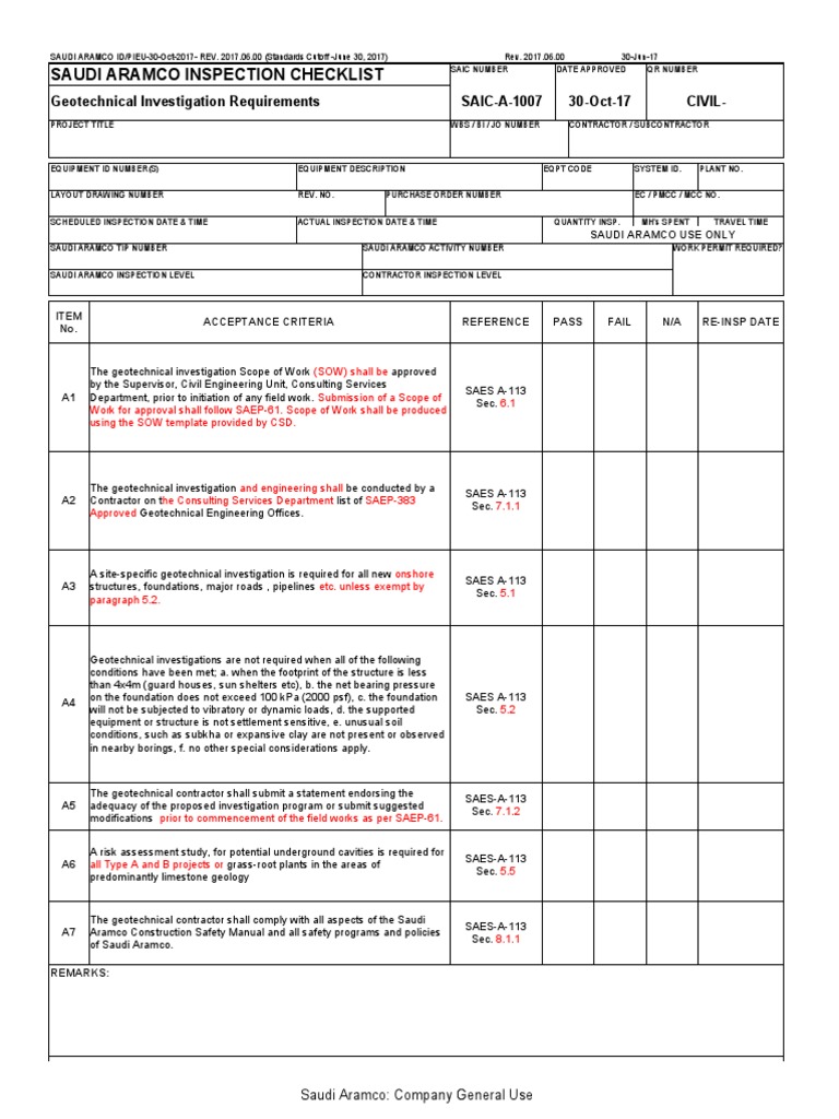 Saudi Aramco Inspection Checklist Geotechnical Investigation