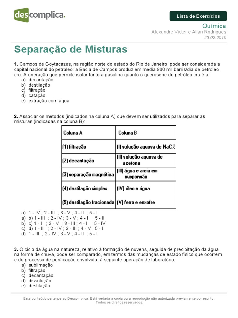 Exercícios sobre Separação de Misturas | PDF | Destilação | Mistura