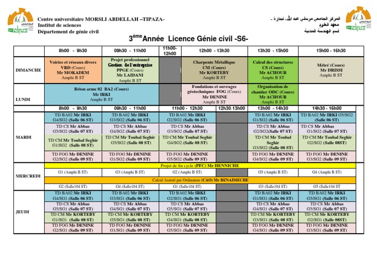 Emploi du Temps Licence Génie Civil S6 | PDF | Ingénierie | Secteurs de ...