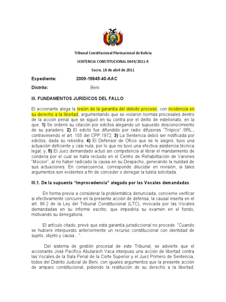 Tribunal Constitucional Plurinacional de Bolivia Sentencia 0449 2011 R