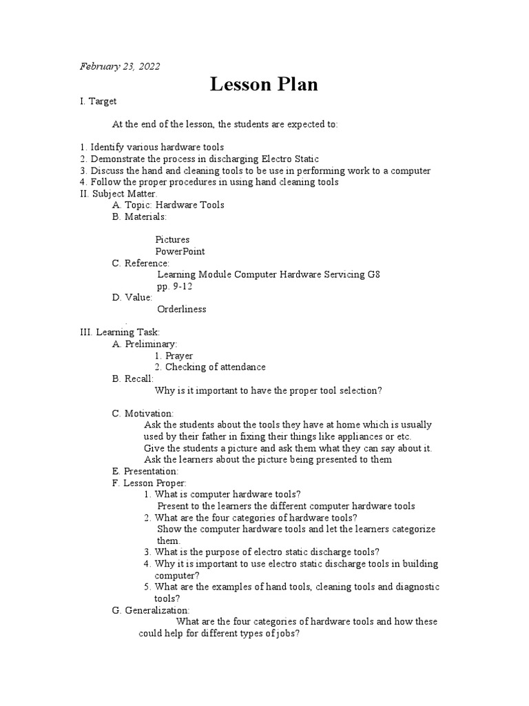Lesson Plan PDF Computer Hardware Lesson Plan