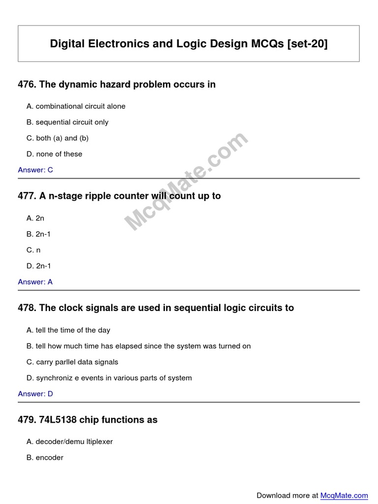 Digital Electronics and Logic Design Solved MCQs (Set20) PDF Electronic Engineering