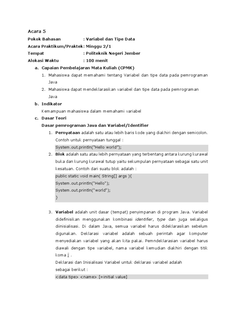 Variabel dan Tipe Data dalam Java | PDF