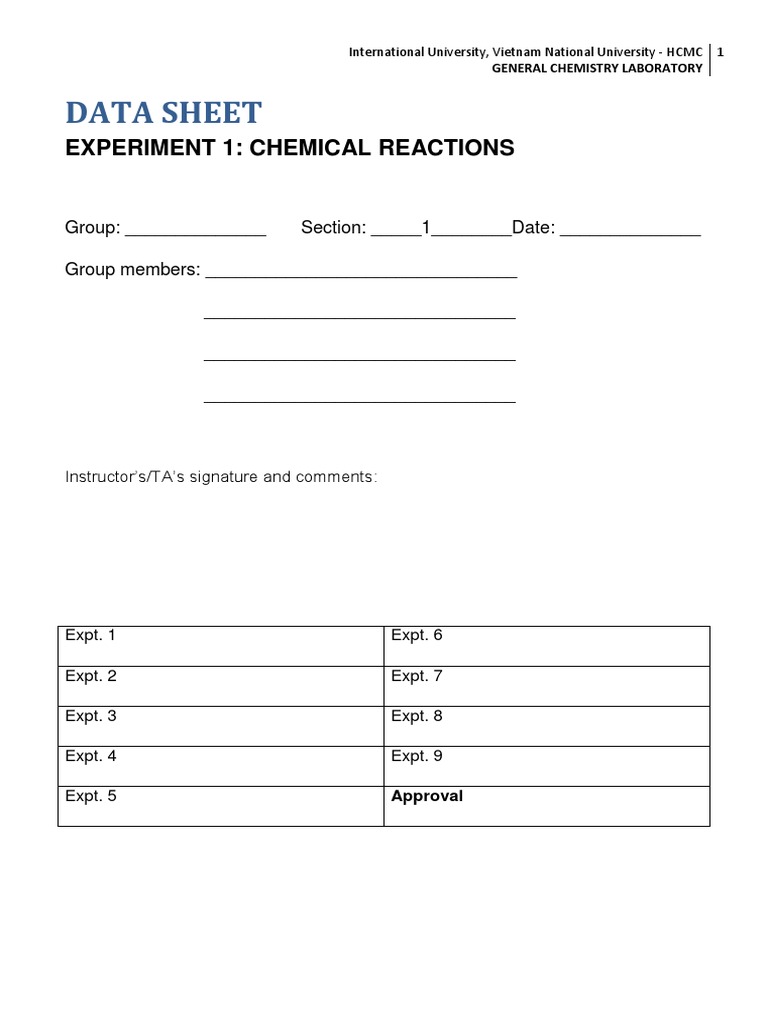 Data Sheet: Experiment 1: Chemical Reactions | PDF | Ph | Buffer Solution