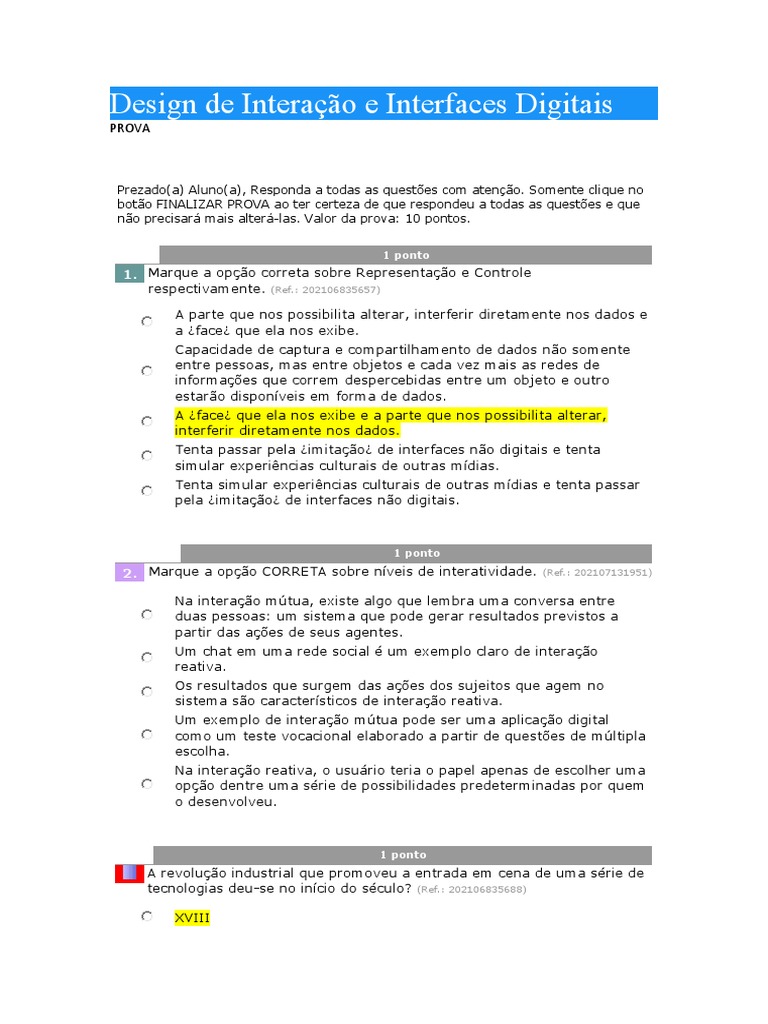 Prova de Design de Interação e Interfaces Digitais | PDF ...