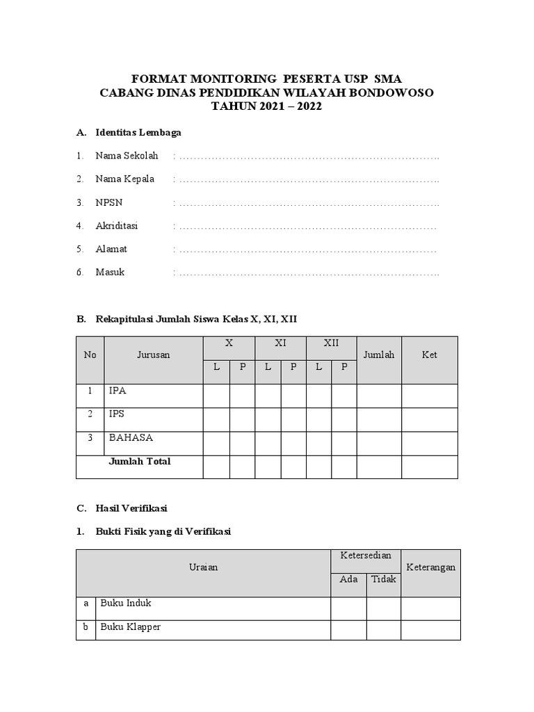 Format Monitoring Peserta USP SMA 2021-2022 | PDF