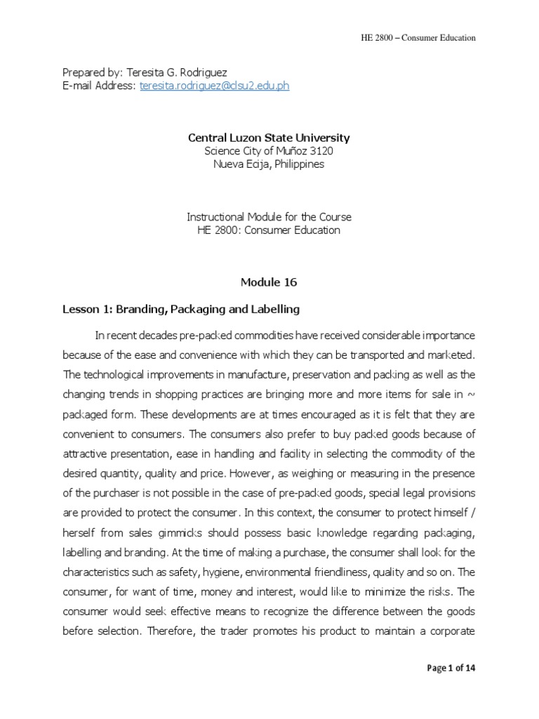 Module 16. Branding, Packaging and Labelling PDF Guarantee