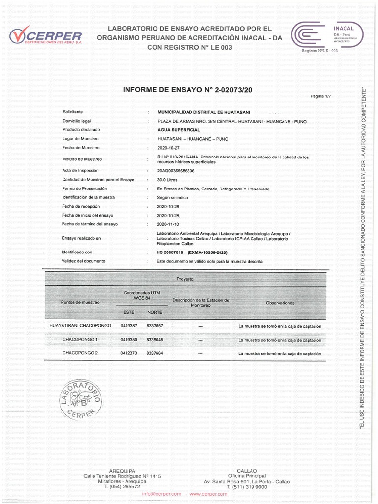 Resultados y Certificacion de Laboratorio Cerper - Arequipa | PDF