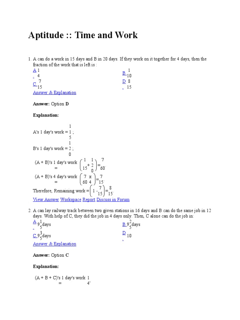 Time and Work Aptitude Problems Explained | PDF | Prices | Economies