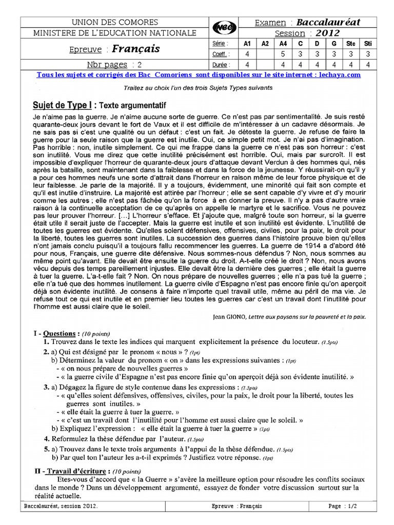 Sujet Bac Français 2022 Pdf Corrigé Stock LesPdf Examens BAC Comores Sujet 2012 Comores Sujet D Francais Bac  2012 | PDF