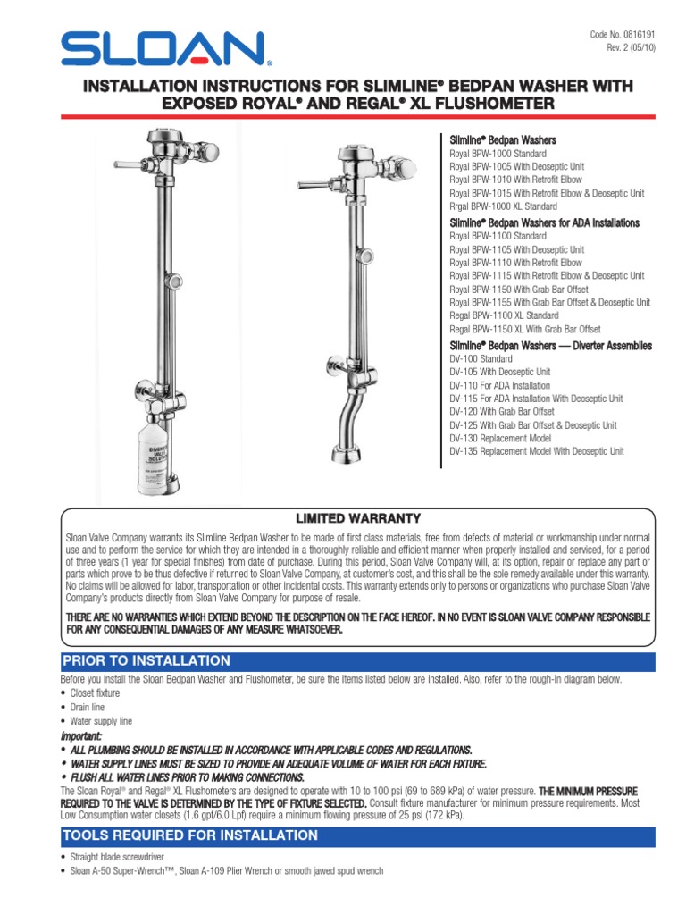 Installation Instructions For Slimline Bedpan Washer With Exposed Royal