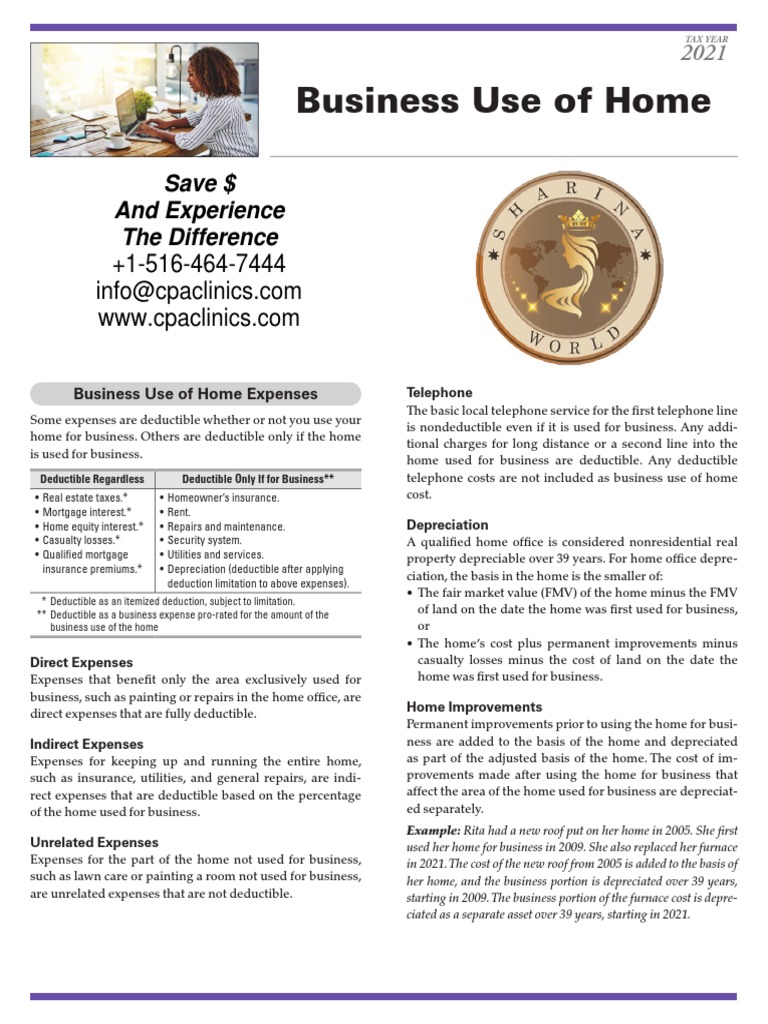 Business Use of Home 2021 PDF Tax Deduction Depreciation