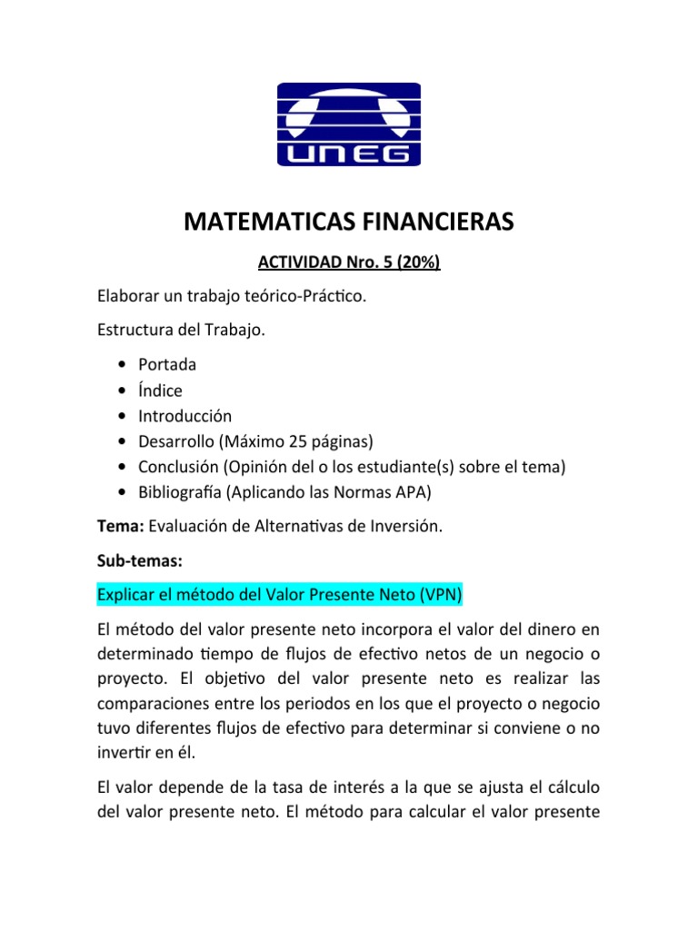 Matemática T5 | PDF | Valor presente neto | Tasa interna de retorno