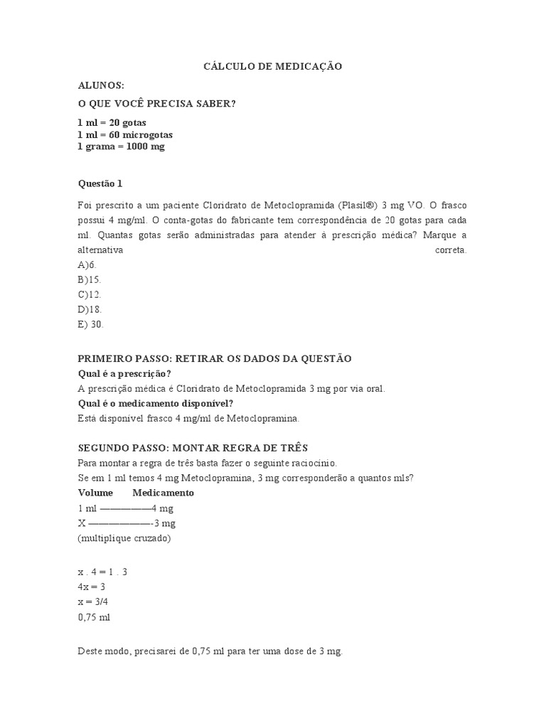 Cálculo de Medicação | PDF | Remédio | Terapia