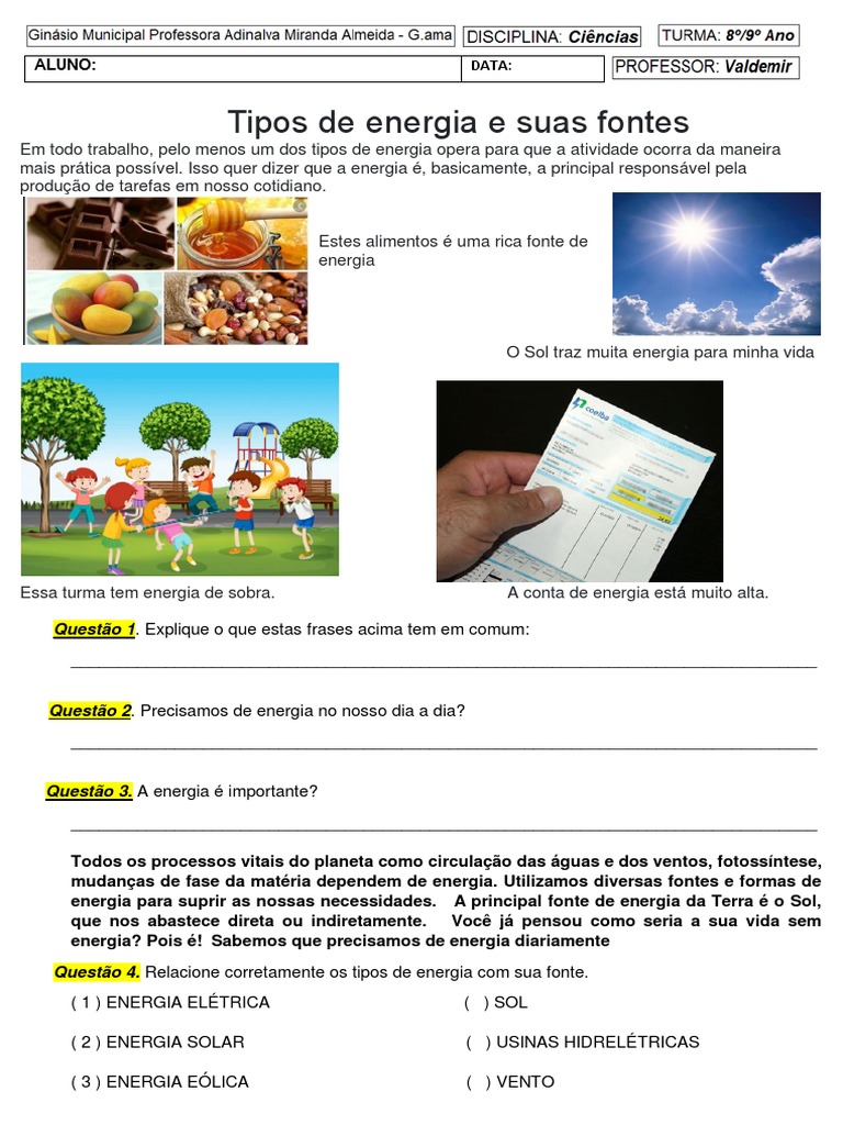 Atividade 3 Tipos de Energia e Suas Fontes | Download grátis PDF ...