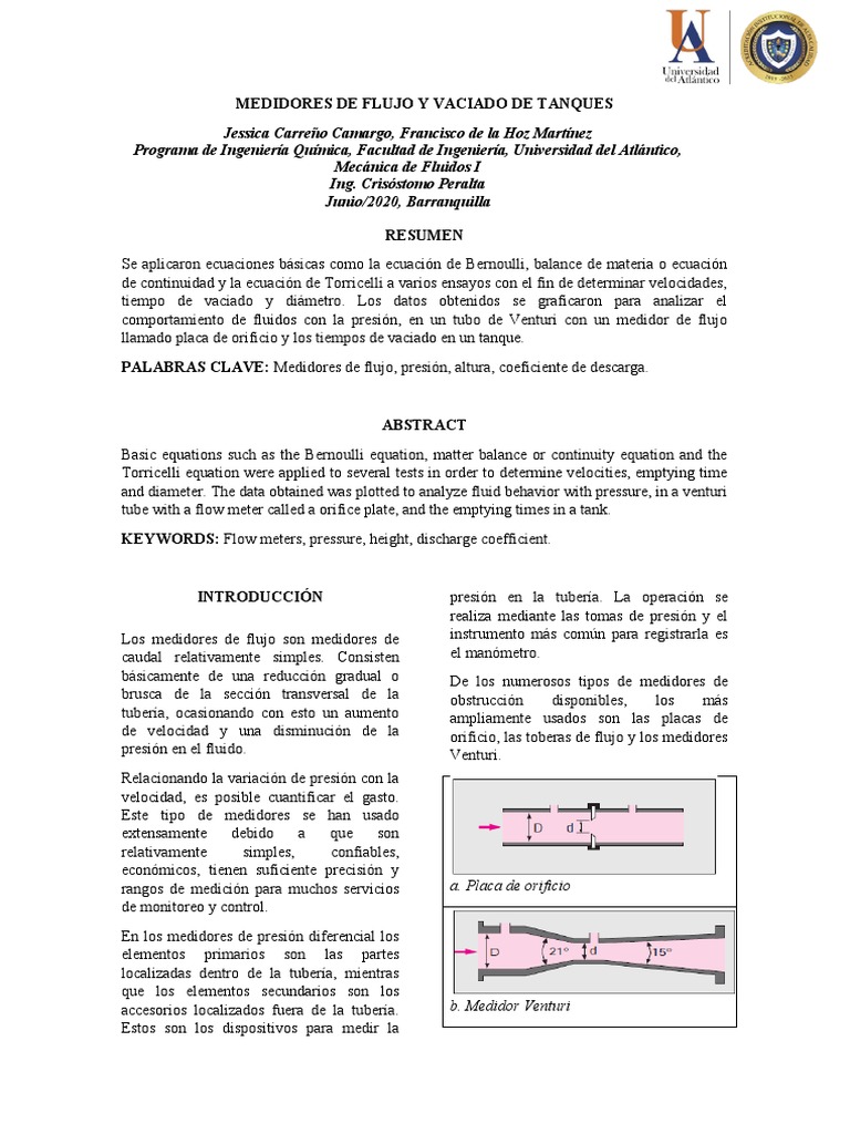 Taller 3 Medidores De Flujo Y Vaciado De Tanque Pdf Cantidades