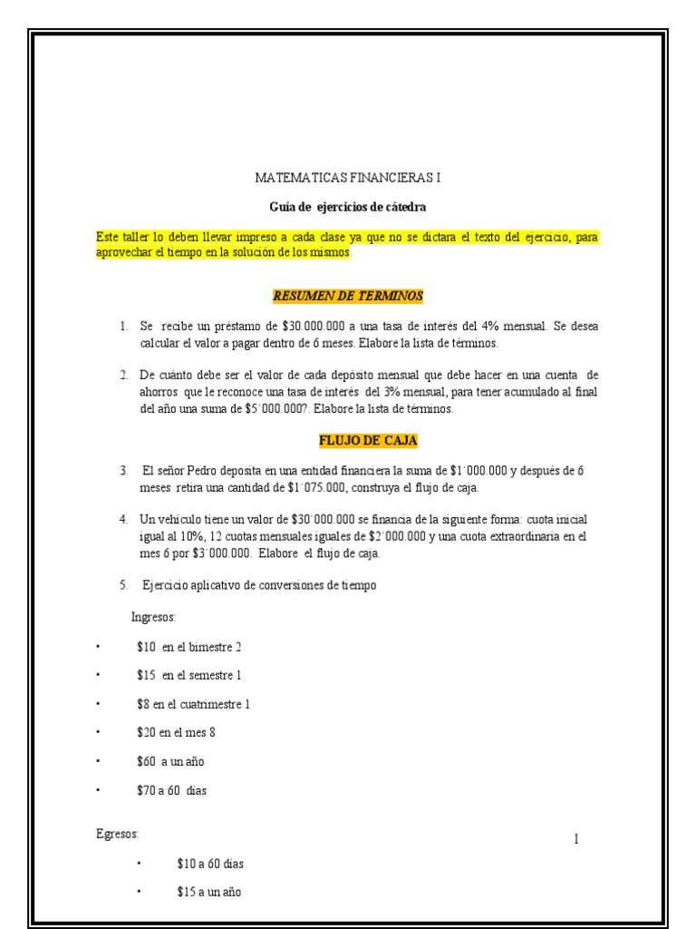 Guia de Ejercicios de Matematicas Financieras I | PDF | Interés | Tasas ...