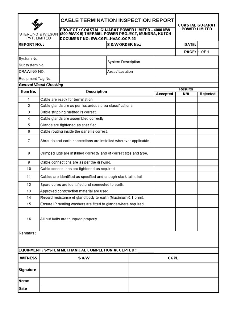 Cable Termination Inspection Report: General Visual Checking | PDF ...