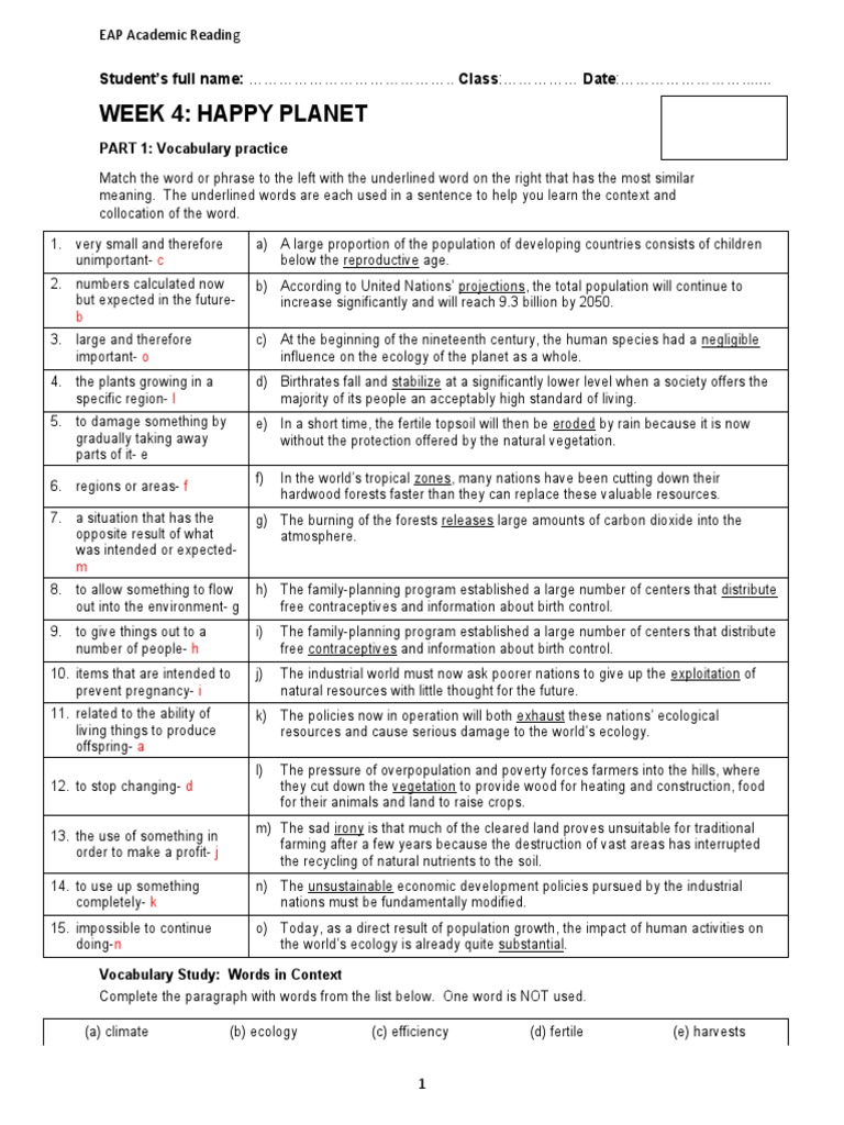 EAP Vocabulary and Reading Exercises | PDF | Family Planning | Ecology