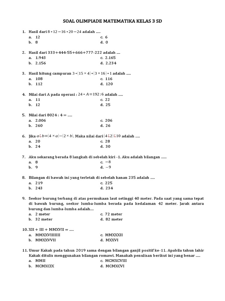 Soal Olimpiade Matematika Kelas 3 Sd Pdf