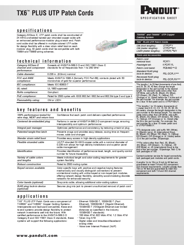 TX6 PLUS UTP Patch Cords Specifications PDF Computer Standards