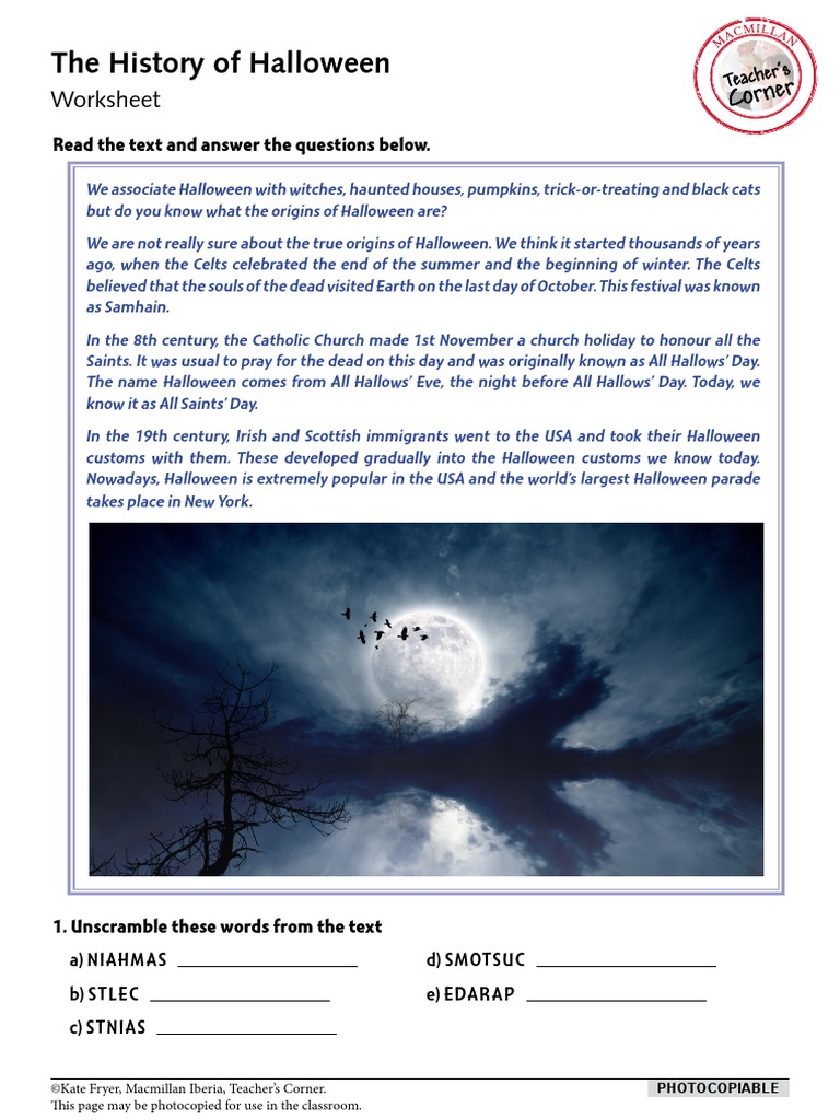 The History of Halloween: Worksheet PDF Halloween Christian
