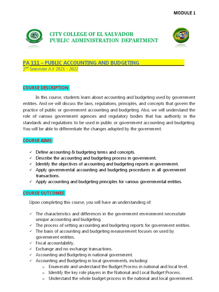 Pa 111 Public Accounting and Budgeting Module I PDF Accounting
