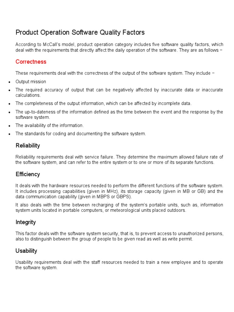 Product Operation Software Quality Factors | PDF