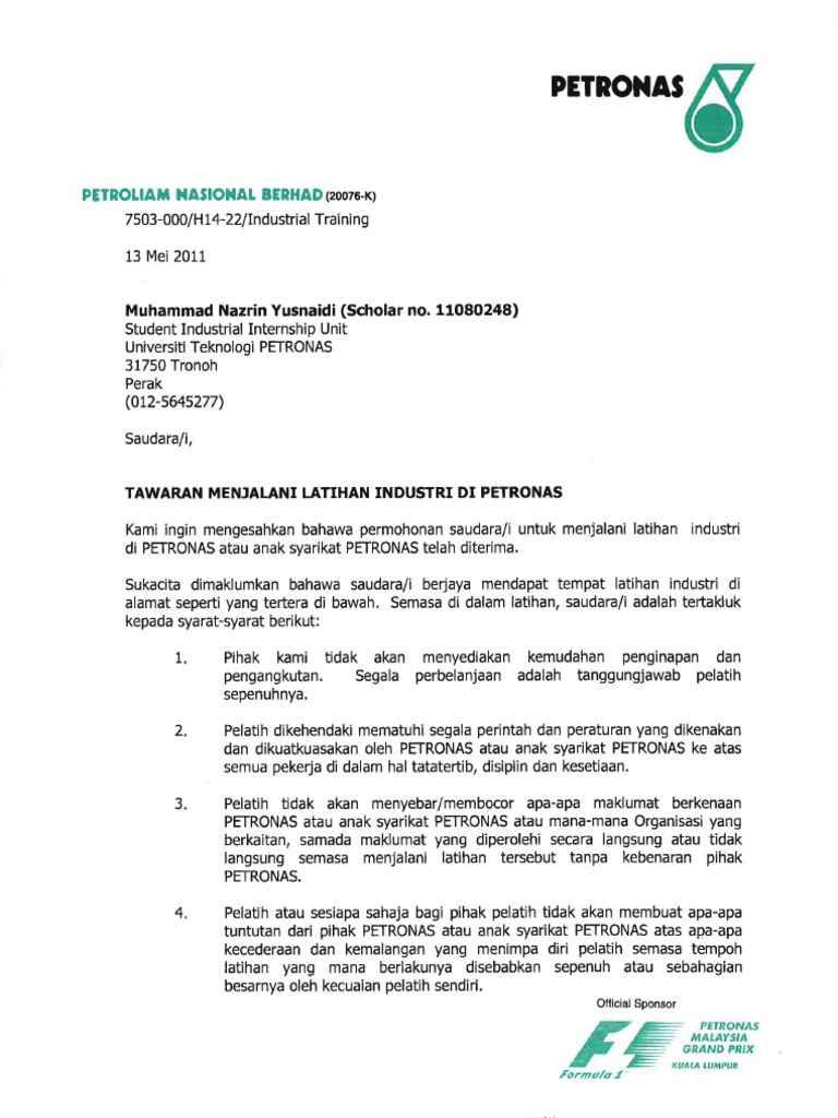 Petronas Carigali Offer Letter Internship