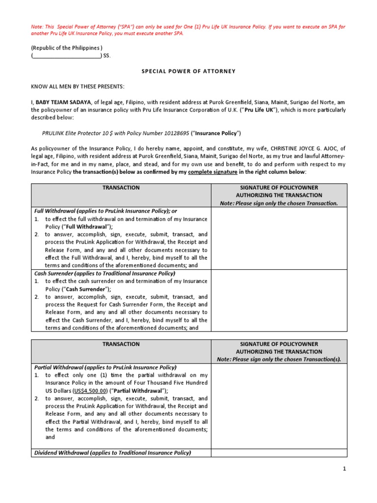 Special Power of Attorney for Insurance | PDF | Notary Public | Cheque
