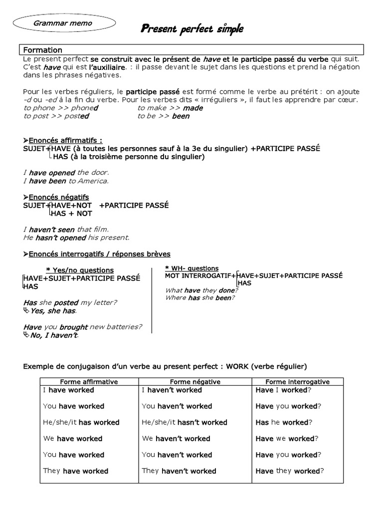 Formation du Present Perfect Simple | PDF | Verbe | Grammaire