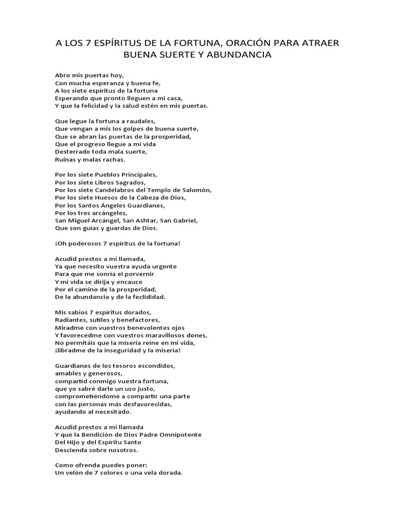 Oración a los 7 Espíritus de la Fortuna | PDF | Poesía