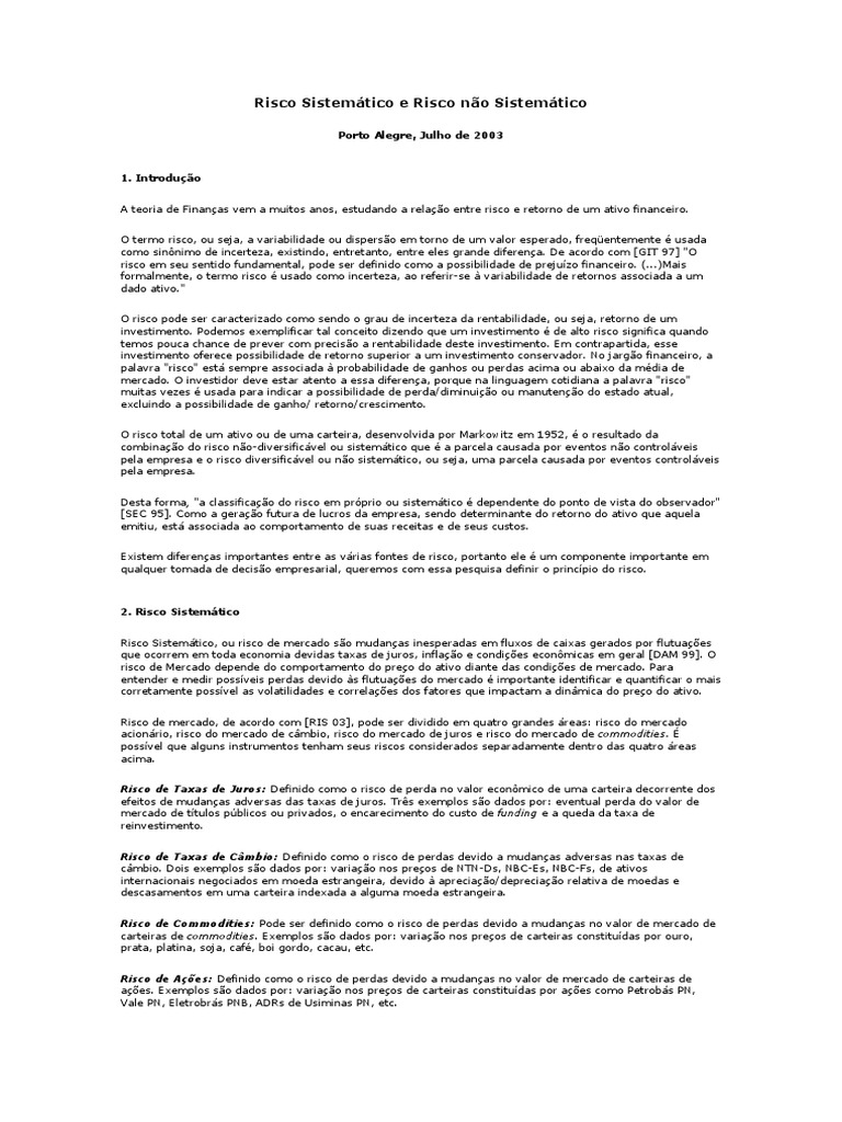 Risco Sistemático e Risco Não Sistemático