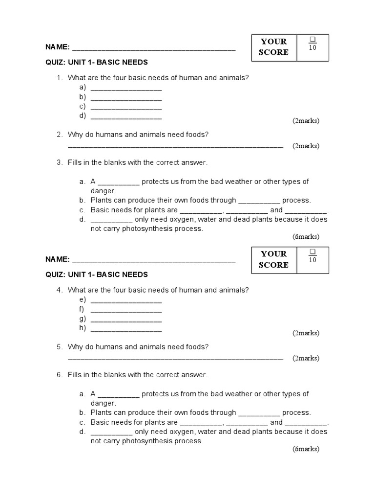 Basic Needs Quiz for Kids | PDF
