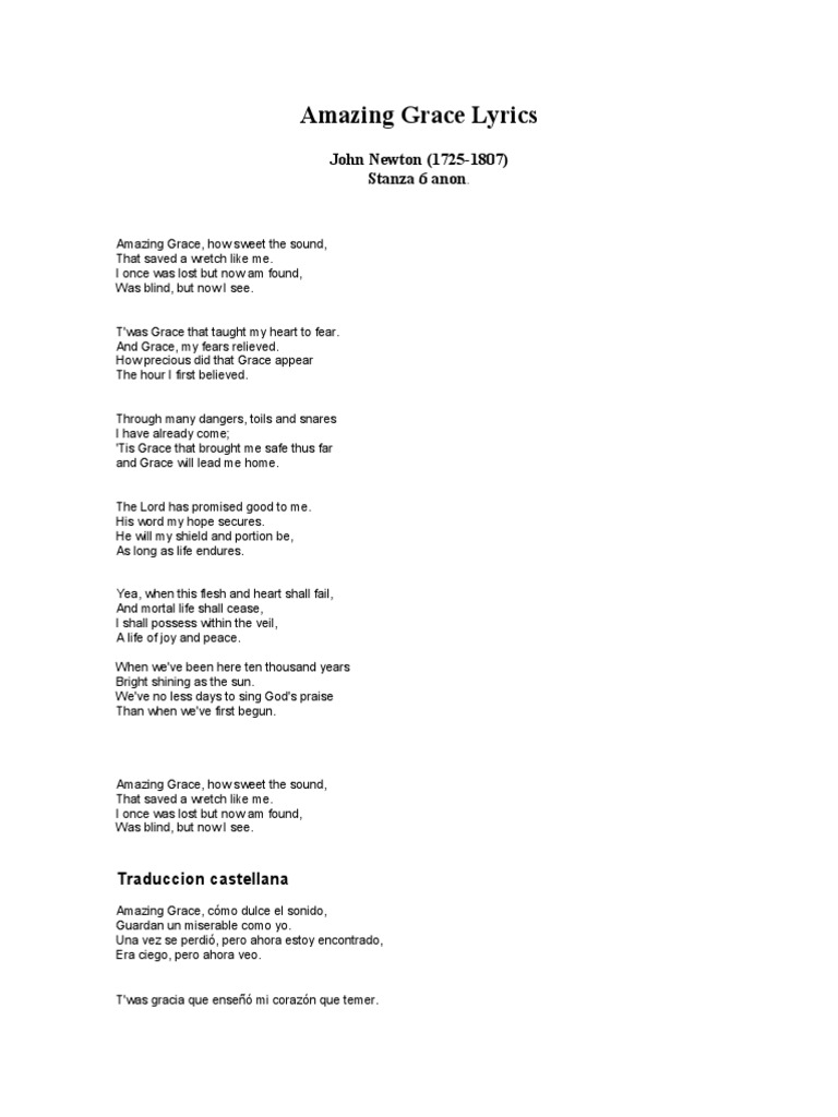 Letra de Amazing Grace en inglés y español | PDF