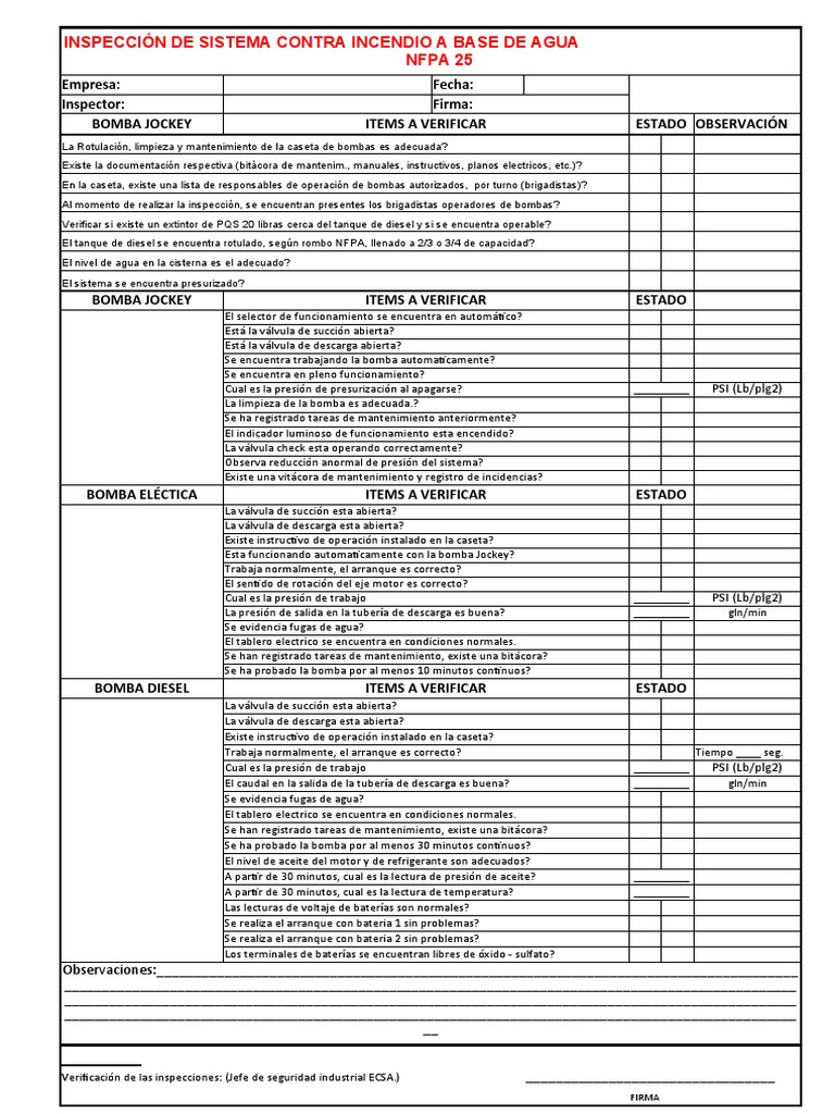 Inspección Sistema Contra Incendios | PDF | Bomba | Ingeniería mecánica