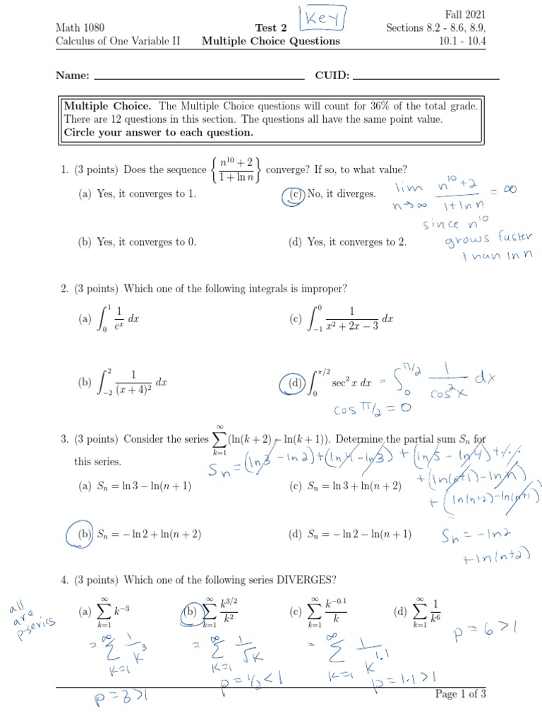 Test2 - MC - Key | PDF | Trigonometric Functions | Mathematical Relations