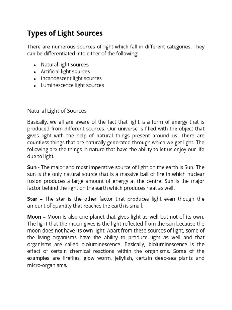 Sources of Light PDF Light Radiation