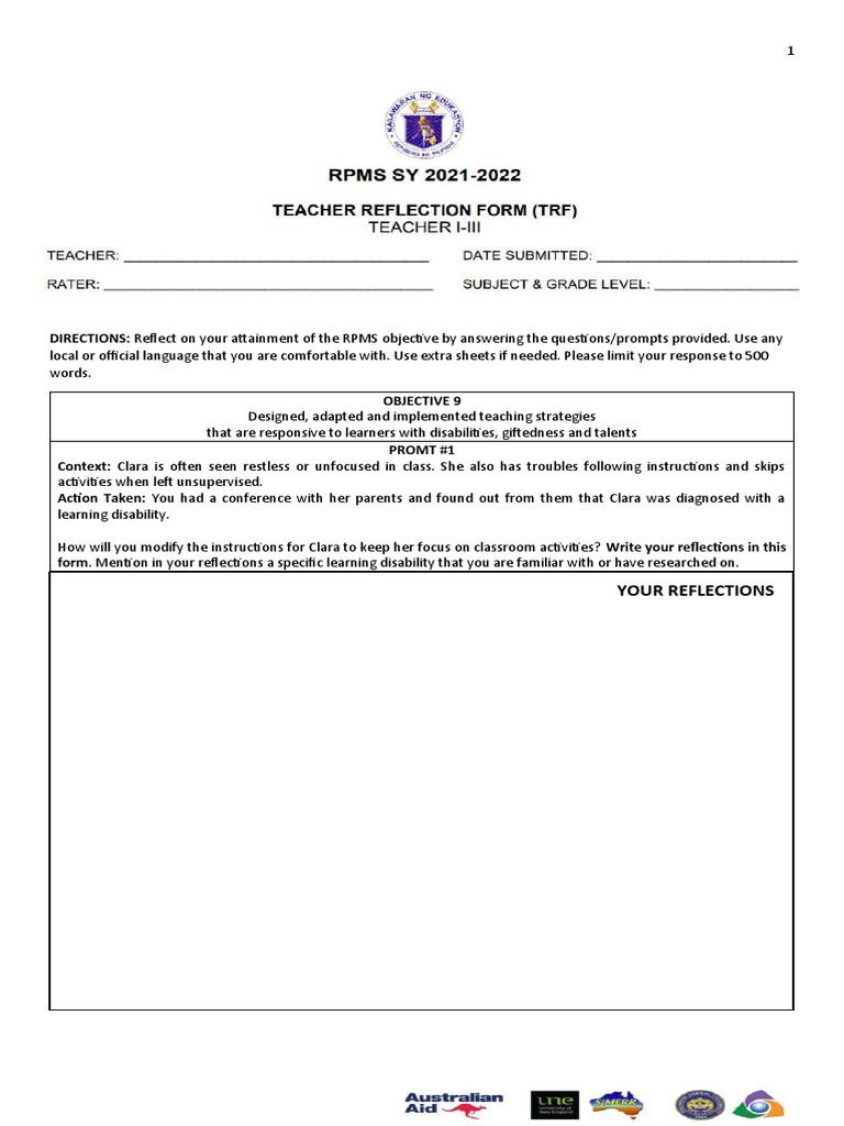 Rpms Sy 2021 - 2022 - Teacher Reflection Form - TRF | PDF | Intellectual  Giftedness | Lesson Plan