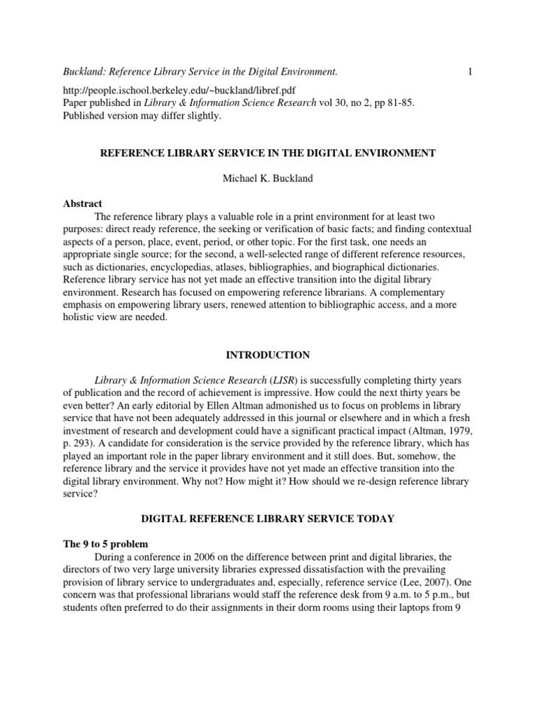 Buckland Reference Library Service in The Digital Environment PDF