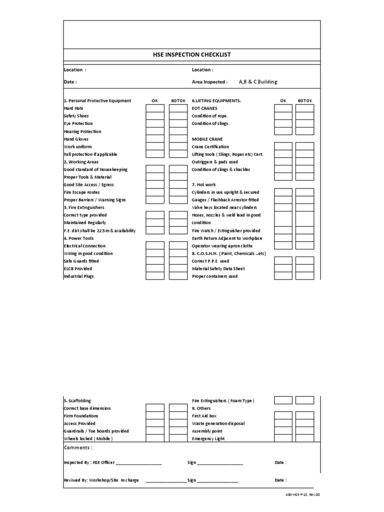 HSE Weekly Inspection Checklist | PDF | Personal Protective Equipment ...