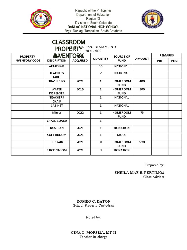 Classroom Property Inventory PDF