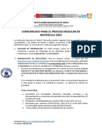 COMUNICADO PARA PROCESO REGULAR DE MATRÍCULA 2022