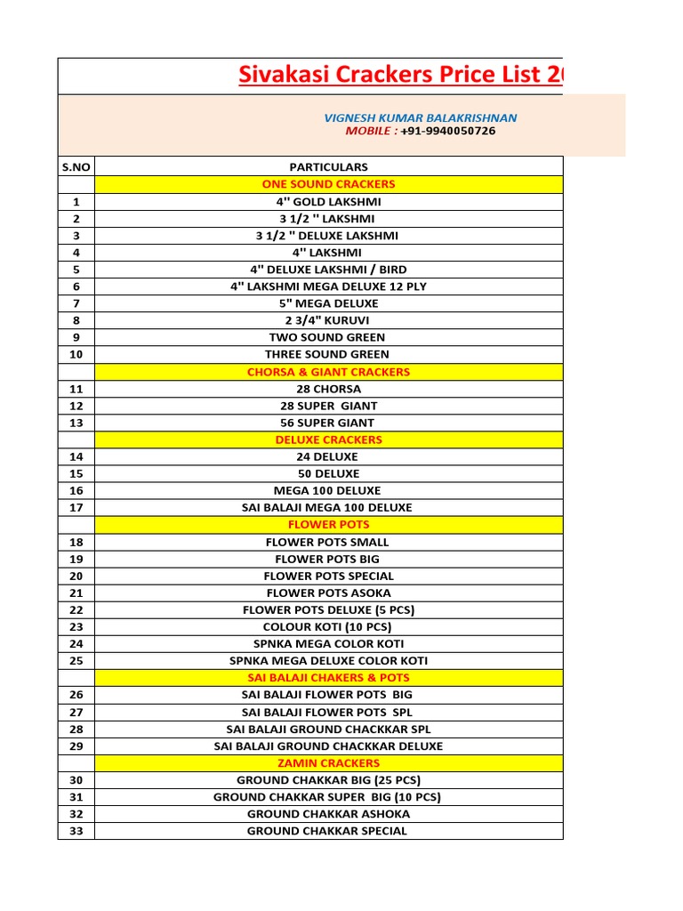 Sivakasi Crackers Price List 2021 PDF Personal Computing
