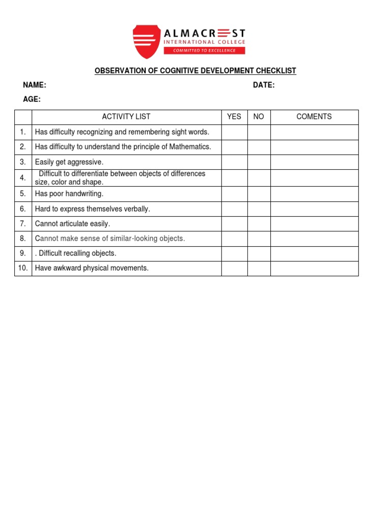 Observation of Cognitive Development Checklist Name: Date: Age | PDF