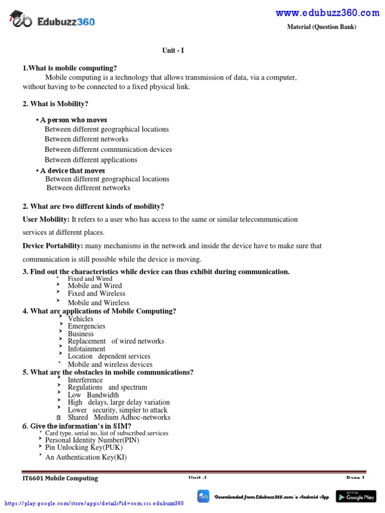Mobile Computing Question Bank IT6601 | PDF | Channel Access Method ...